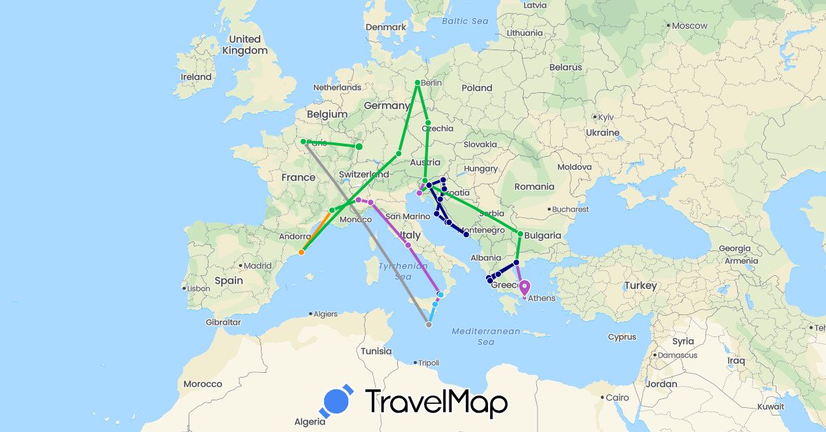 TravelMap itinerary: driving, bus, plane, train, boat, hitchhiking in Bulgaria, Czech Republic, Germany, Spain, France, Greece, Croatia, Italy, Malta, Slovenia (Europe)